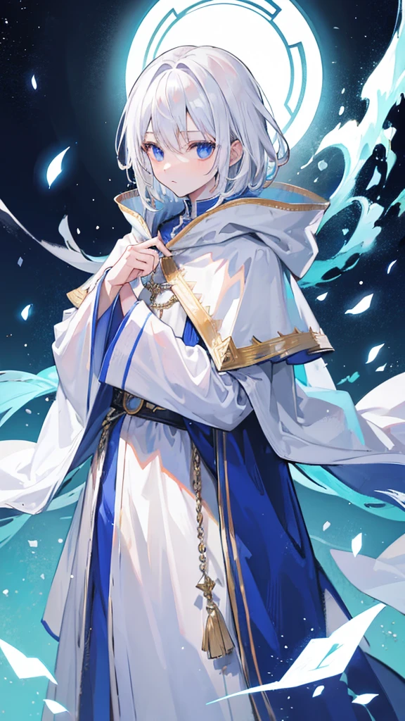 1 boy, mage, white hair, cloak, medium hari 