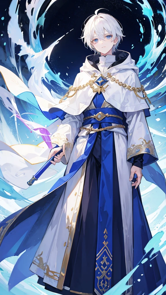 1 boy, mage, white hair, cloak, medium hari