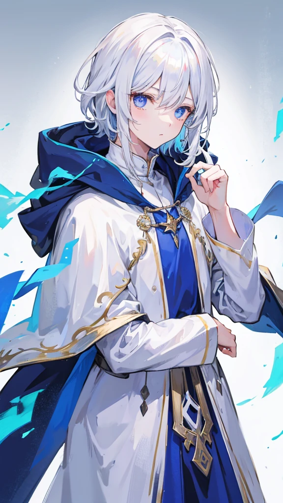 1 boy, mage, white hair, cloak, medium hari