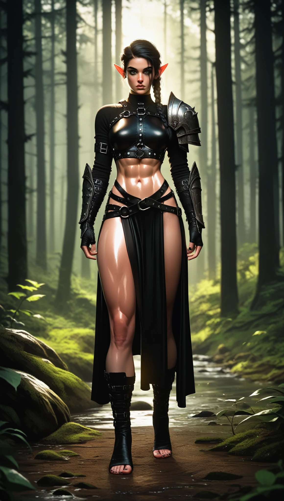 masterpiece, newest, full body,
1girl, solo, athletic, elf, leather armor, goth, Colored eyelashes, correct fingers, black hair, one side tough hair braid, hunting, front view, Shiny skin, forest, simple background, tilted right head, dynamic lighting, modern