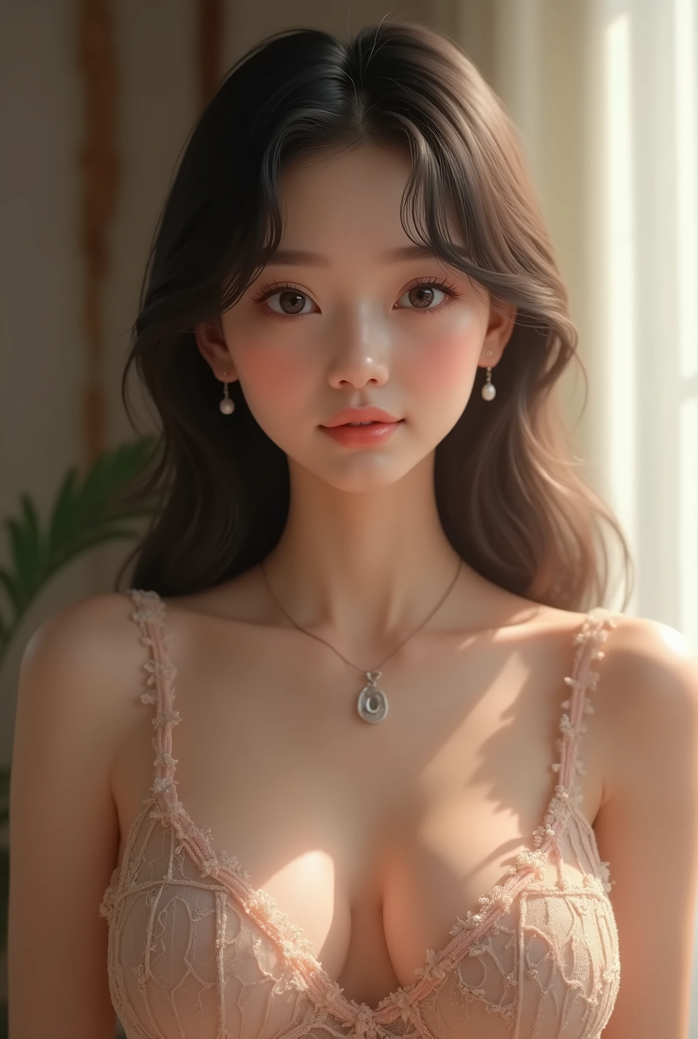 (1girl with flat chest, small breasts:1.4), 18yo, sweet girl, cute face idol, Cheerful, gentle, soothing, beautiful girl with beautiful details, (small and sexy lips:1.3), extremely detailed eye and face, glossy lips, (See-through lace costume with cute details and wide open breasts), Bare shoulders, (Bare chest, areola:1.35), Realistic, extremely detailed CG unified 8k wallpaper, ighly detailed, High-definition raw color photos, professional photograpy, Realistic portrait, Cinematic Light, Beautiful detailed, Blushing, Ashamed, (Realistic skin:1.2), (Best Quality:1.4), Super Detail, High quality, Indoor, depth of fields, 