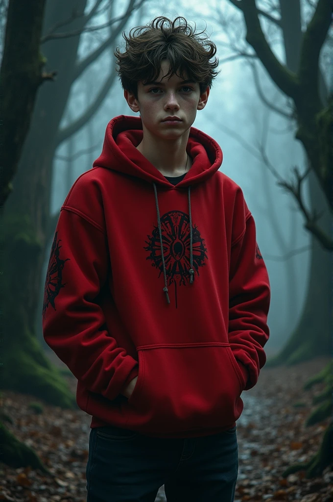 A high school boy wearing a red hoodie。Cthulhu Mythos TRPG style character portrait