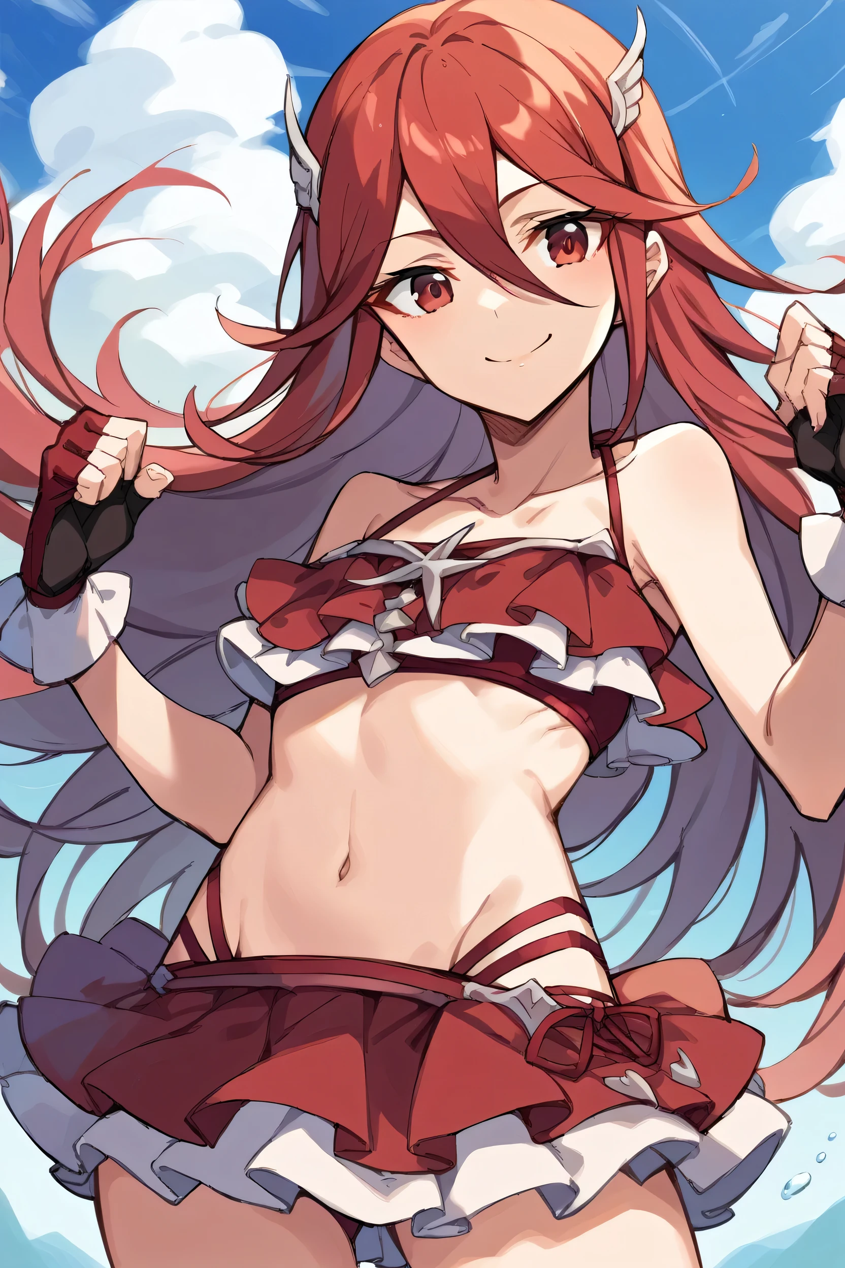 score_9, score_8_up, score_7_up, score_6_up, source_anime BREAK 1girl, solo, sumCordelia, red hair, red eyes, wing hair ornament, collarbone, red bikini, bare shoulders, frilled bikini, small breasts, bikini skirt, red gloves, fingerless gloves, cowboy shot, looking at you, smile, blue sky, clouds