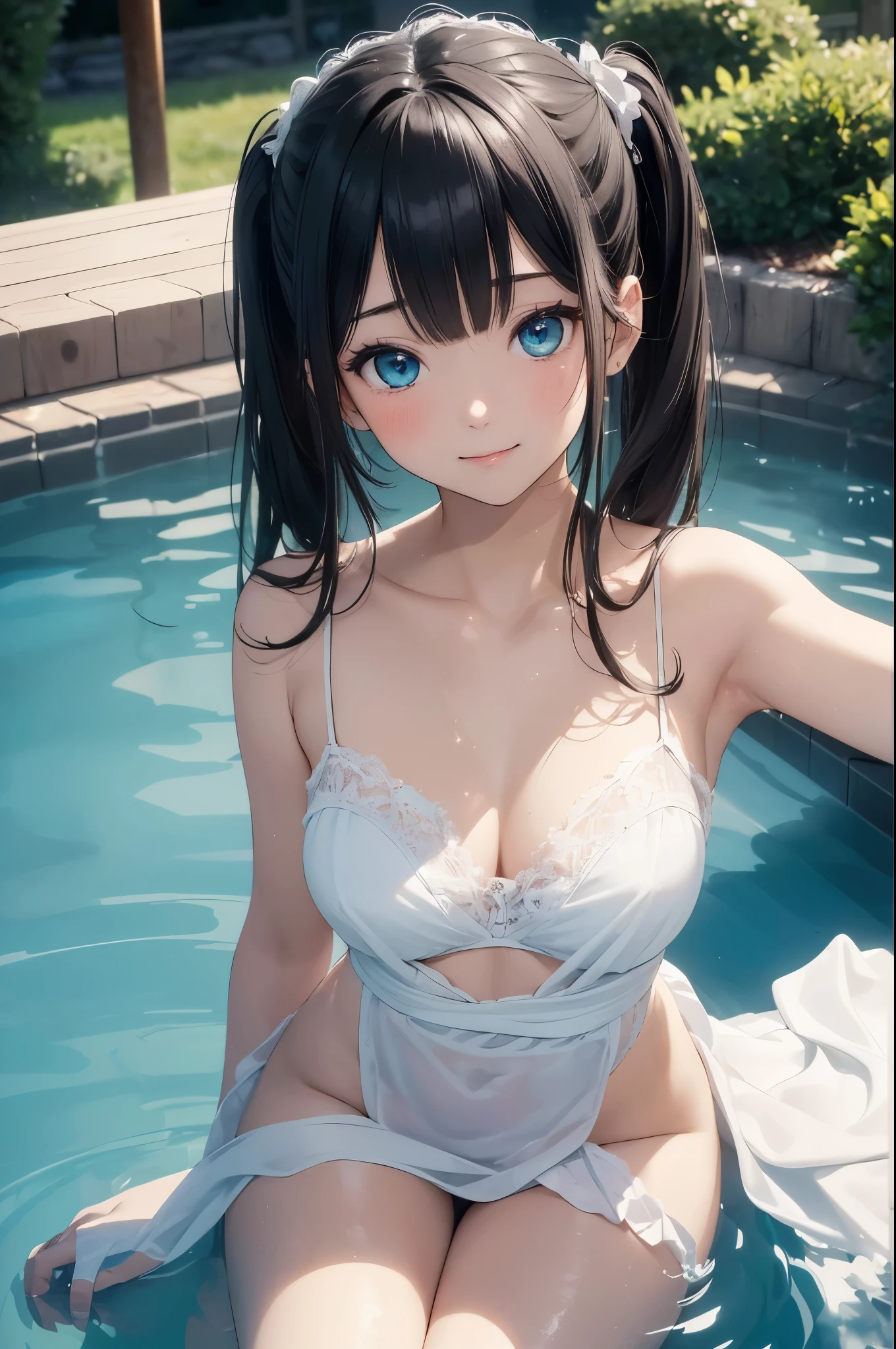 ((masterpiece)), ((highest quality、Ultra high definition)), (Very detailed),((8k、Photo quality))、((Amazingly cute girl))、(-yeld gi)、Two people, , (Beautiful emerald blue eyes), ((smile)),((A luxurious Japanese-style open-air bath at a high-class hotel)), Beautifully arranged black hair in twin tails、Slim Body、(Cute little breasts)、((They are wearing a white bath towel wrapped around their body.))、Professional Lighting、(White lace knee-highore detailed and beautiful)、(More details and cutenesore realistic)、((Just wear light clothing))、Frolic in the pool、(Too cute)、(The embodiment of cuteness)、(Godly cuteness)、((Night view))、((It seems visible but it&#39;s not))、