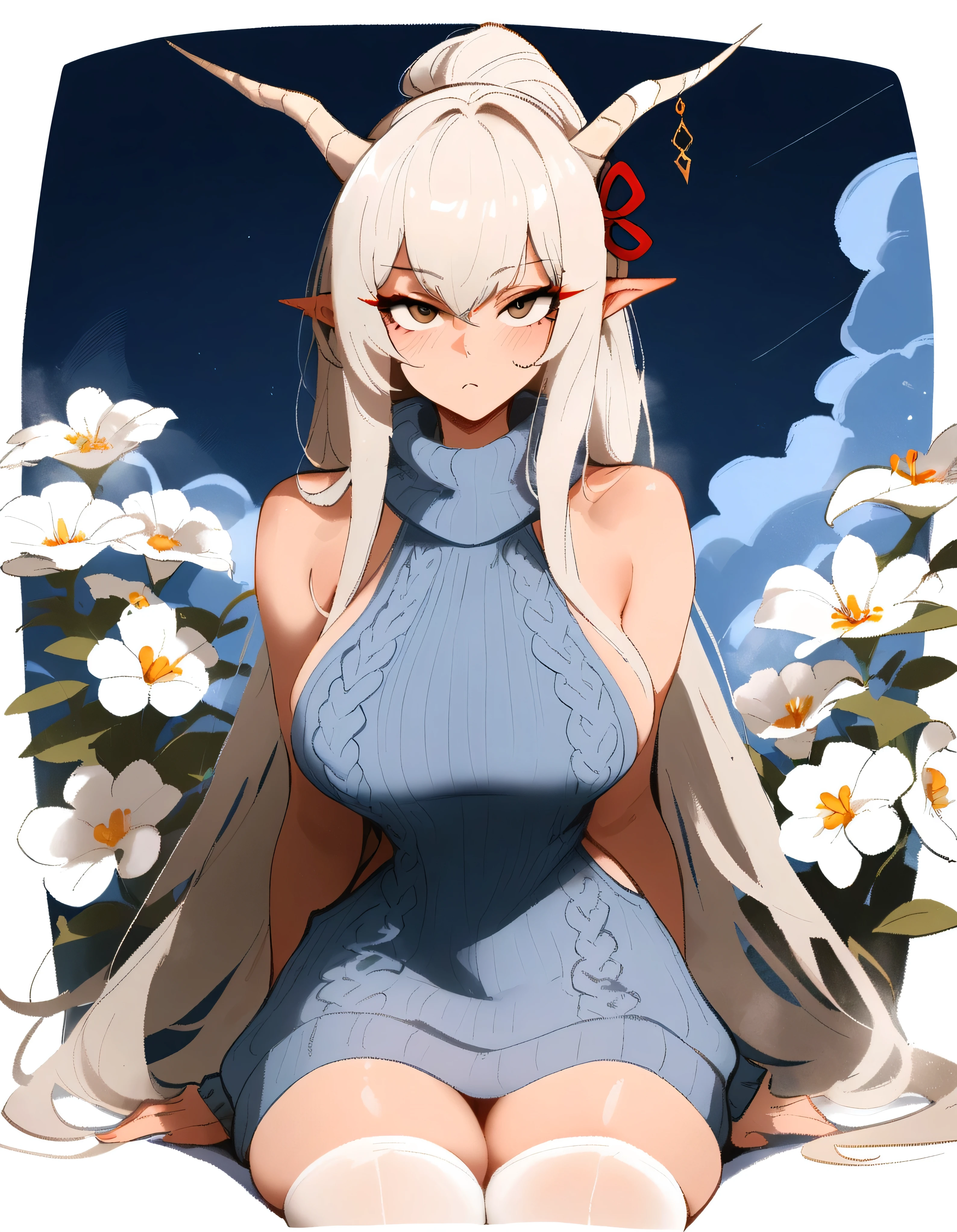 1girl, shining \(arknights\), arknights \\\\\ masterpiece, best quality, newest ///// nyantcha, khyle, \\\\\ thin waist, solo, cropped legs, ,horns , outside border, looking at viewer, ,, grey eyes,, , white stockings, sky,clouds,, flowers, , big tits, skindentation ,serious, virgin killer sweater, sit, straight-on