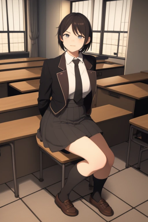 in the classroom, sitting on the boiler, skirt short, no one room,