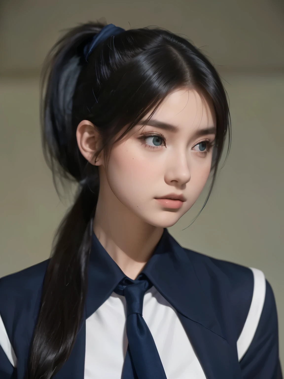 1 girl, alone, Laura Trumpet. Aced (dark blue long hair, Ponytail and side bangs, small ), (Inspired by the traces of cold steel) Wearing it to show off, At military school, awkward
