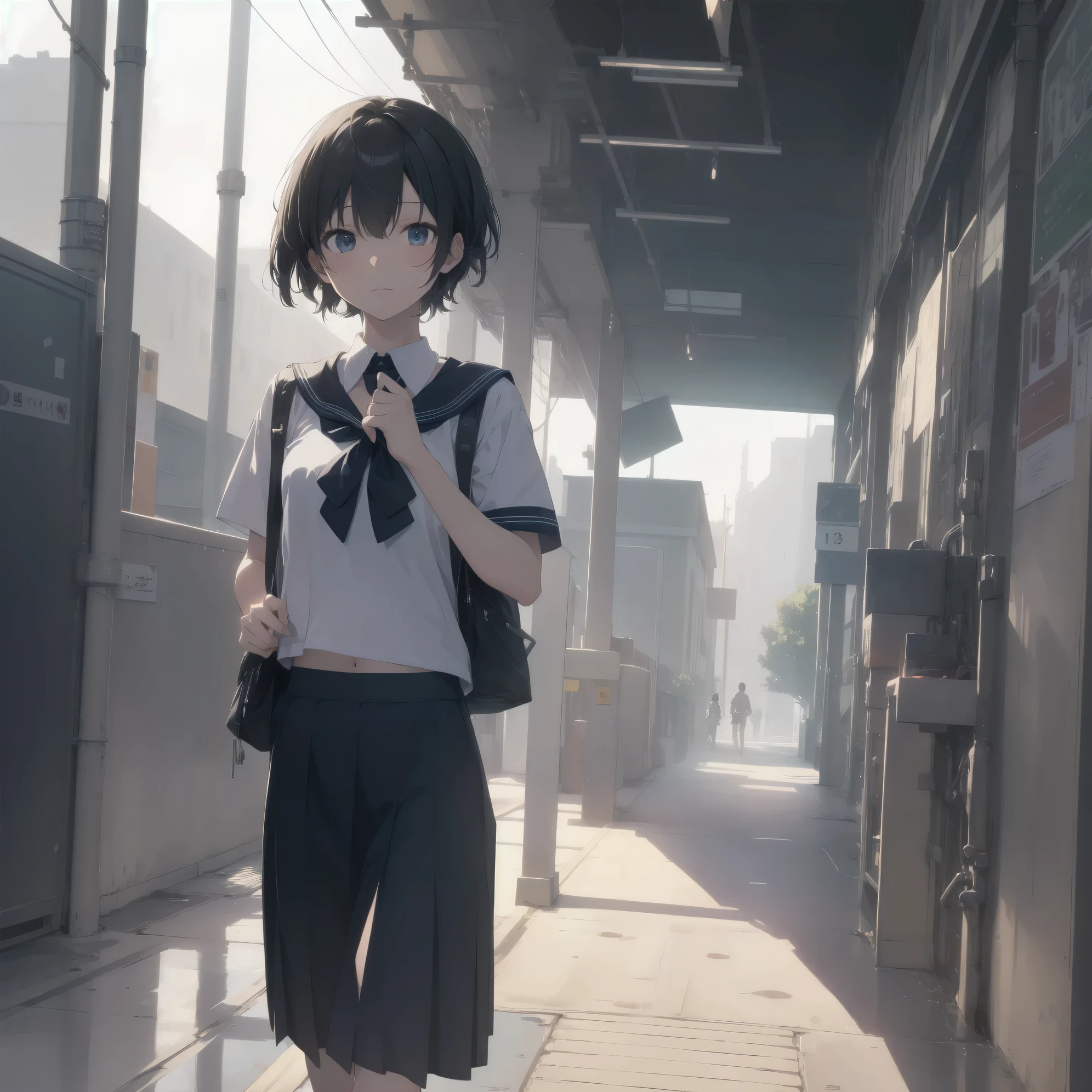 ultra-absurdres-Top quality by artist God, ultra-detailed, high resolution, anime moe artstyle, best anime 8k konachan wallpaper, pixiv contest winner, pool:2810, perfect anatomy,break, 1girl, (Please draw a girl walking sleepily to school alone. )break,(Solo,little female, 13-year-old:1.3),Full limbs, complete fingers,a junior high school student, (very short hair), short cut, flat chest, , small butt, small black eyes, beautiful detailed eyes, well-proportioned iris and pupils, expressive eyes, highres detailed hair, soft expression, salor school_uniform, sailor collar, serahuku, bow, pleated skirt,(Detailed Lighting), (Detailed background), in the School commute route. break,super detailed skin, Best cinematic lighting powered by famous artist, 8k,beauty illustration,photoshop_(medium),very aesthetic,break,((artist:rappa_(rappaya) )), artist:clamp ,artist:carnelian ,artist:kantoku ,