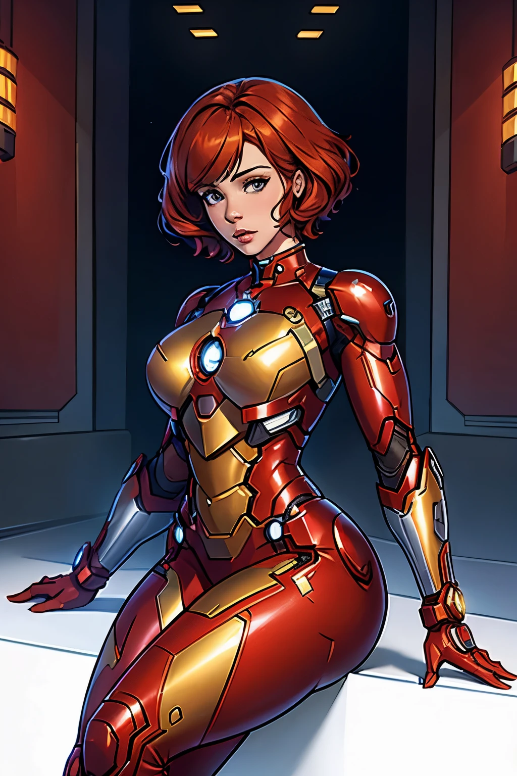 Christina Hendricks as Riri Williams in Iron Man armor: Mark XLIX Rescue Armor, Detailed costume design