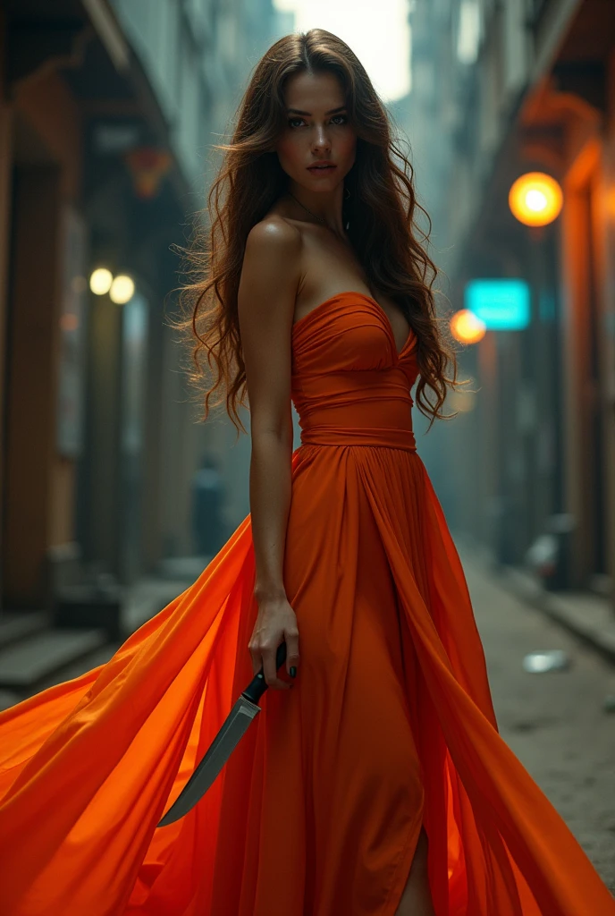 Beautiful killer girl, the girl is wearing an orange dress, the girl has a knife in her hand