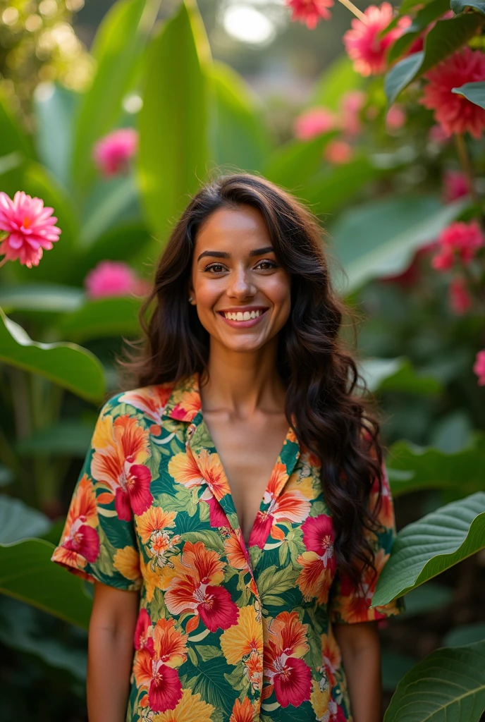 A Brazilian woman in a lush tropical garden, wearing an open shirt with a floral print, with a close-up capturing the harmonious beauty between her breasts and the natural flowers, showing off your natural charm and outgoing personality.
