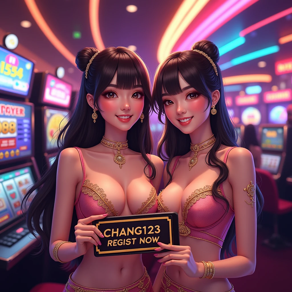a beautiful two thailand woman holding up a sign "CHANG123 REGIST NOW", joyful, happy, Anime illustration, photorealistic, oil painting, casino background, wearing thailand traditional dress, RealCartoon, medium breast cleavage, Standing, Colourfull, Neon Light, realistic cartoon,
