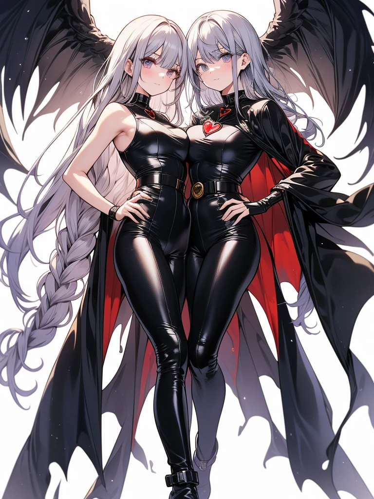 artwork, (Best quality), (Best illustration), (symmetrical art) full body image, single, solo, 1 adult woman with perfect body, beautiful eyes red, detailed eyes, pretty face, beautiful silver hair, heart shaped sunglass, perfect face, beautiful and delicate dark skin, wearing skin-tight superhero jumpsuit, black jumpsuit with no neckline and gold details, (matching and symmetrical jumpsuit), super tight and detailed superhero jumpsuit , golden star symbol on the chest of the jumpsuit, tight golden belt, golden gloves and boots, matching gloves and boots, 1 long and detailed matching cape, serious look, front body, ((white background)), simple background.