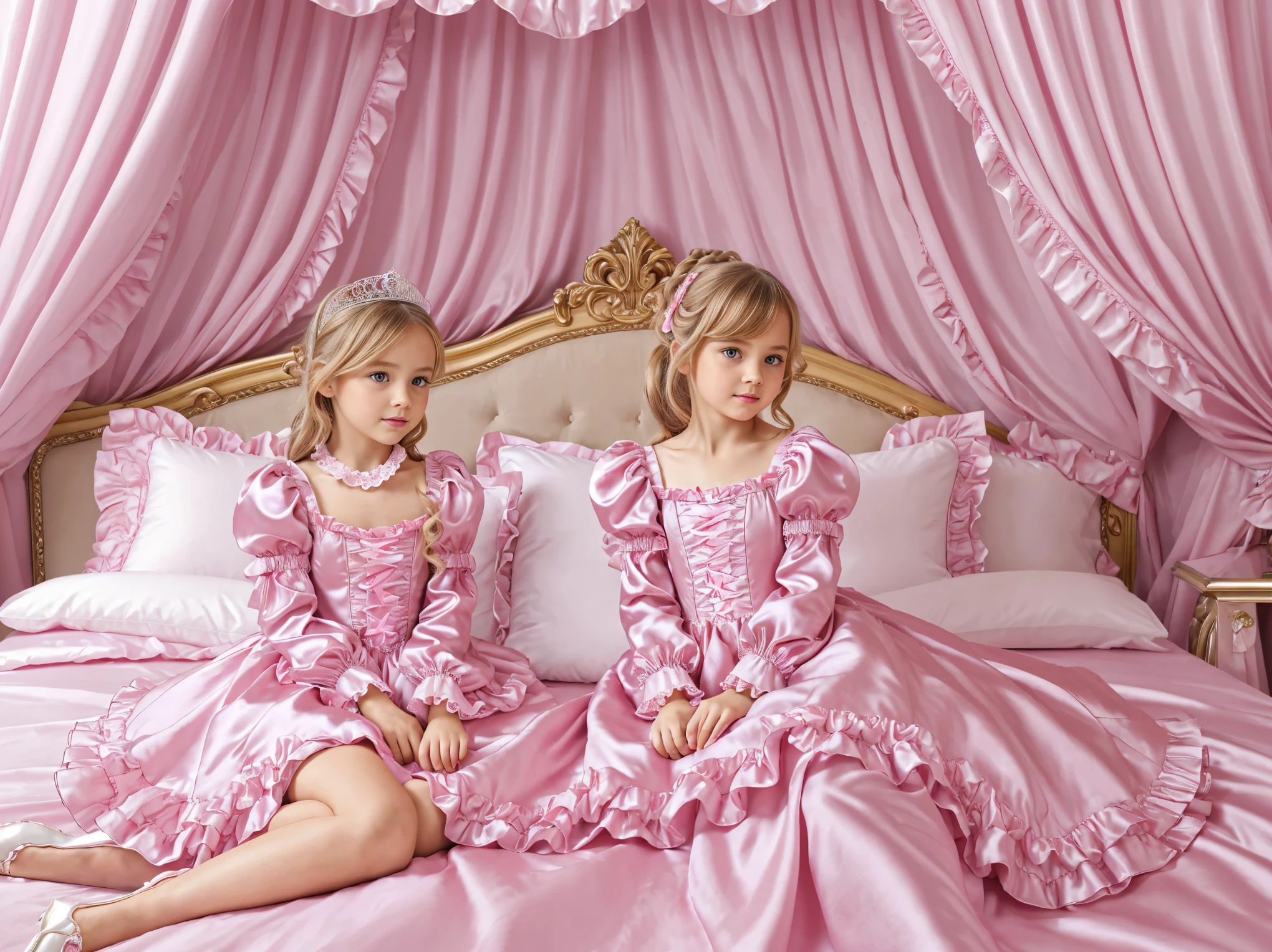 highest quality, masterpiece, highest resolution, artwork, super それにget used to it, many get used to it, get used to it, それにget used to it, 3k realistic pictures,,((10 year old s)),Ultra-detailed juvenile face,ultra-detailed beautiful little girl princess,full length ball gown dress with hoop skirt,ruffled yoke collar,puff sleeves,long sleeve,((Lolita style hot pink iled princess satin dress with lots of ruffles and ribbons)),Rococo style lolita fashion,shiny satinss,Soft and smooth fabric,detailed princess dress,luxury,long blonde hair,blue eyes,white skin european,Pajama,((in the bedroom of the palace)),luxury princess canopy king size pink bed,shiny satin sheets,ultra-detailed princess bed,High-quality background,lot of frilled pillows,on the bed,