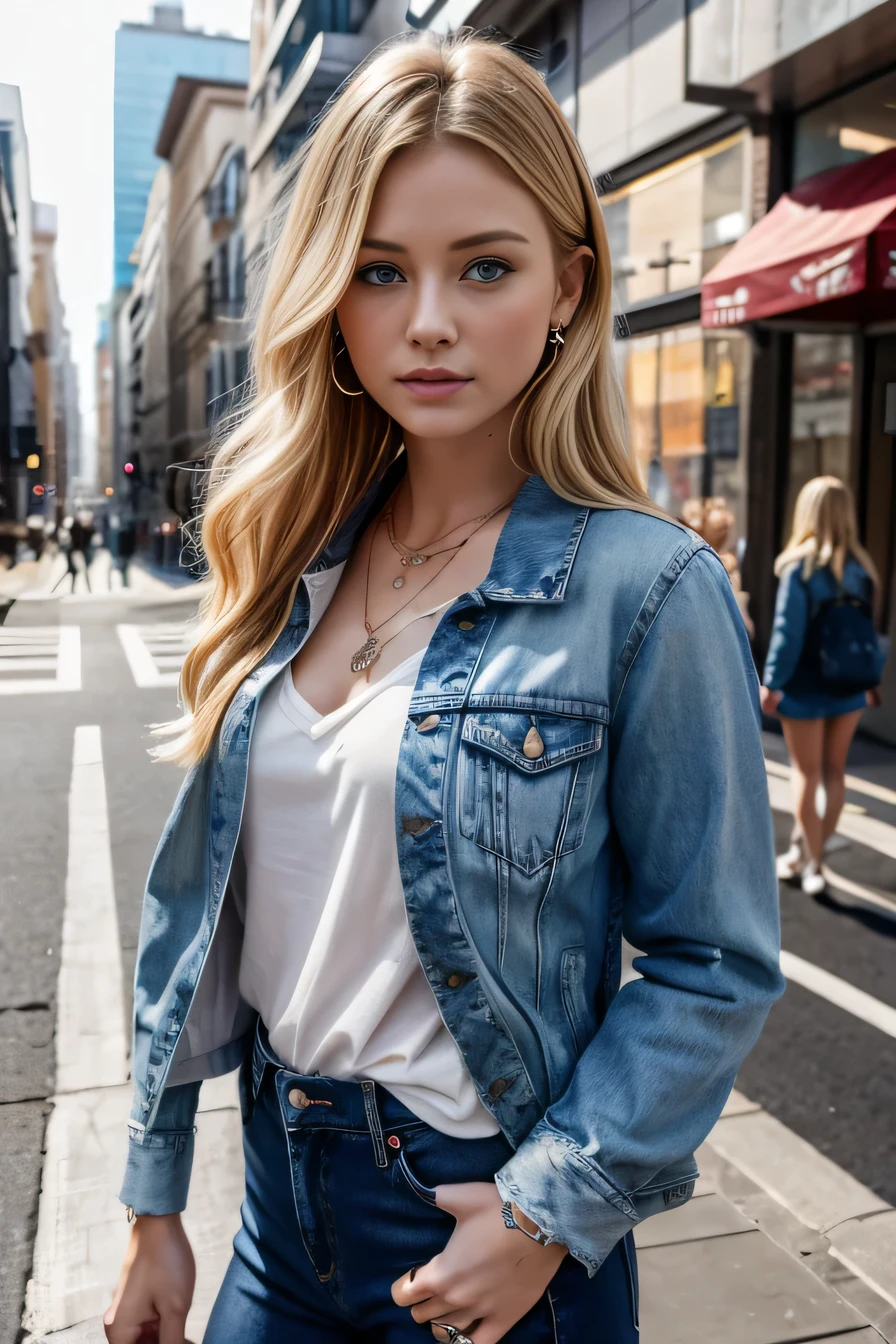 Super Resolution、Beautiful Caucasian Woman、、、Blonde、blue eyes、、ear piercing、necklace、Denim jacket、shirt、Open your mouth a little、The background is the street, Task progress 70%%