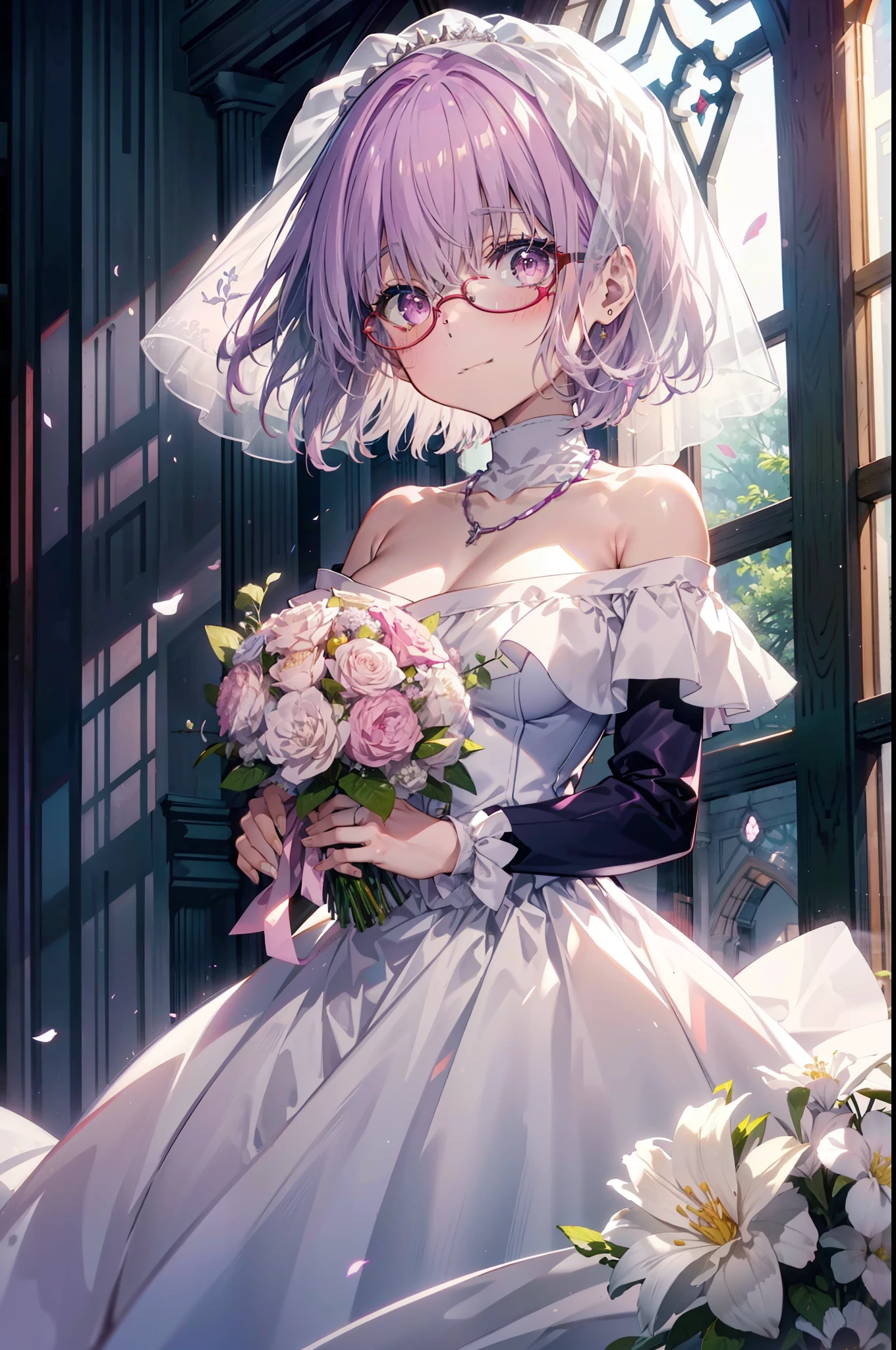 akaneshinjou, shinjou akane, Light purple hair, (Pink Eyes:1.2), short hair,smile,Red-rimmed glasses,blush,Big Breasts,Off-the-shoulder white wedding dresses,Wedding white long skirt,necklace,Veil,Holding a bouquet of flowers with both hands,Stained glass,　　　　　　　　　 
 break looking at viewer, whole body,(Cowboy Shot:1. 5) 　　　　　　　　　　　　　　　　　　　break indoors, Chapel,church, 　　　　　　　　　　　break (masterpiece:1.2), Highest quality, High resolution, unity 8k wallpaper, (shape:0.8), (Beautiful attention to detail:1.6), Highly detailed face, Perfect lighting, Highly detailed CG, (Perfect hands, Perfect Anatomy),