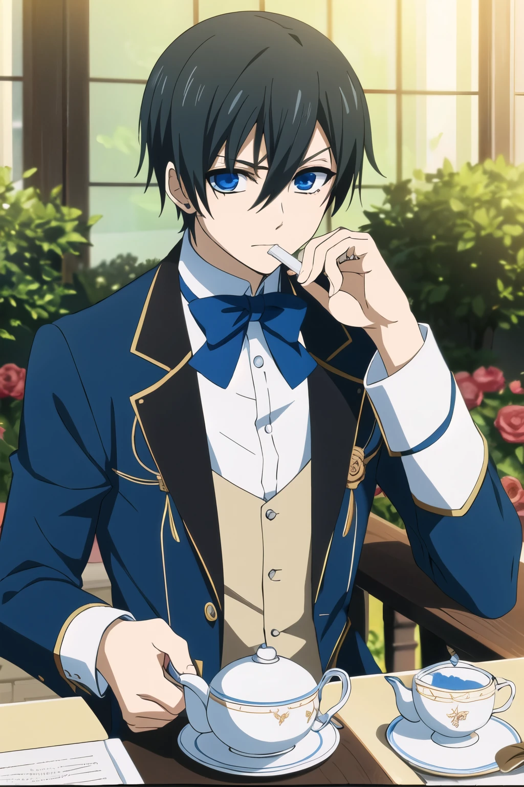 masterpiece, best quality, game cg, 1boy, solo, male focus, looking at viewer, , , , , ciel_phantomhive, black hair, blue eyes, in rose garden, drinking tea