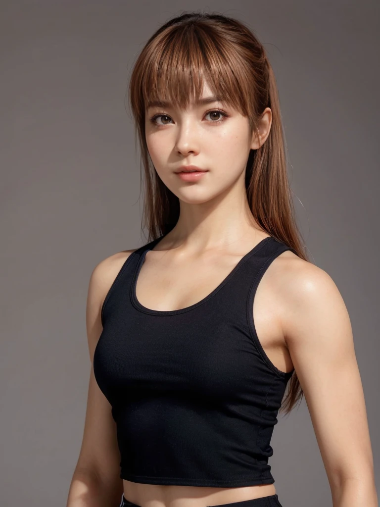 Kasumi, brown eyes, (best quality, ultra detail), (realistic:1.37), beautiful and detailed face, ultra-realistic texture, Delicate face, delicate body, red lipstick, bright colors. high definition, 8K, expression with a slight cute smile