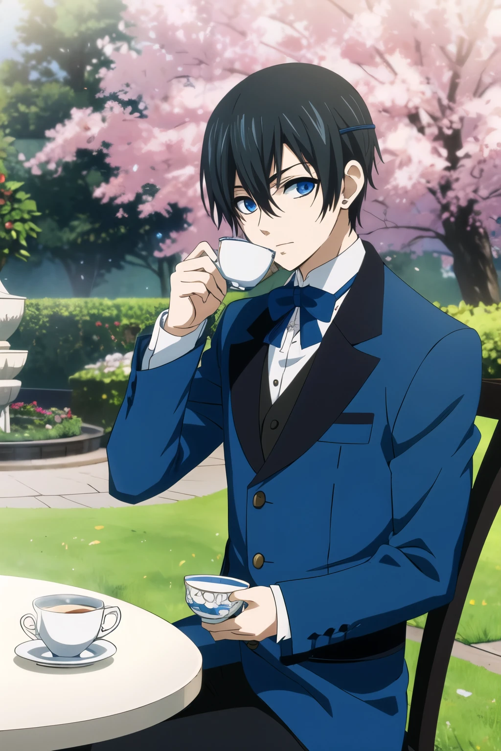 masterpiece, best quality, game cg, 1boy, solo, male focus, looking at viewer, , , , , ciel_phantomhive, black hair, blue eyes, in rose garden, drinking tea