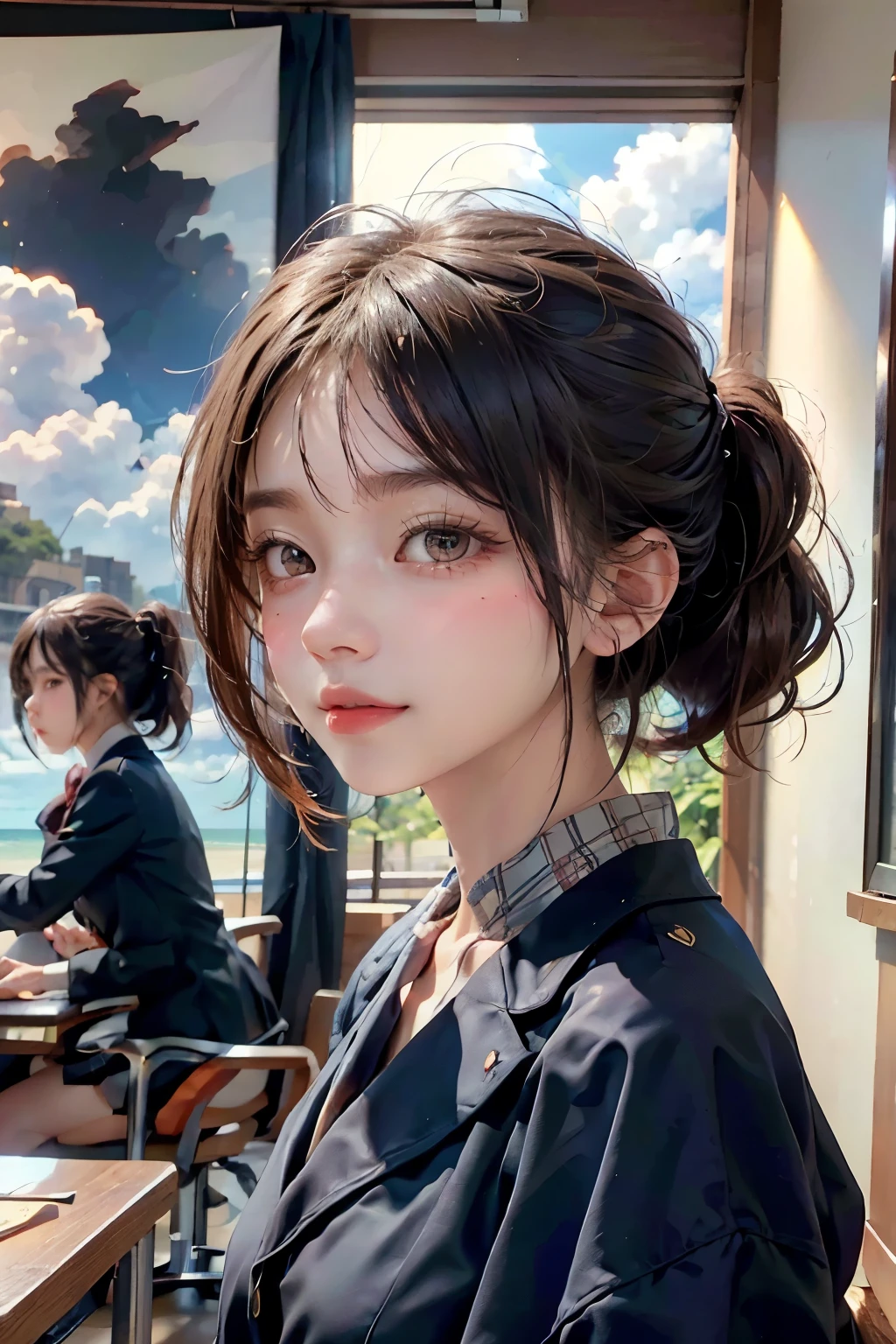 one girl,(1人のとてもcute:1.3),masterpiece,best quality,high resolution,from below,low angle,realistic,RAW photos,ray tracing,Physically Based Rendering,Beautiful girl,(15 years old:1.3),cute,big eyes,(detailed student:1.2),(face is facing forward:1.3),body facing forward,beautiful nose,upturned nose,plumper lips,black short hair,ponytail,Short hair,Detailed eyelashes,thin eyebrows,Very fine particle definition,(symmetrical eyes,golden ratio:1.3),(face focus:1.0),,short neck,navy blue blazer,red plaid pleated skirt,,coastal,blue sky,white clouds,,portrait,View viewer,upper body,Cinema Lighting,high resolution,very detailed
