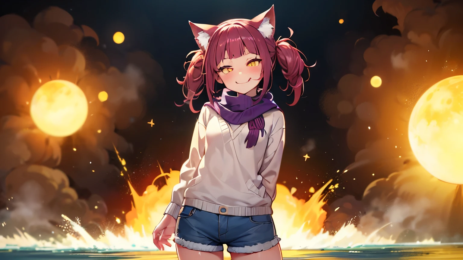 photorealistic, 1girl, saturated violet hair, orange fox ears (1.7), flat chest (1.7), puffed out her cheeks, saturated glowing bright orange eyes, cat-like pupils (2), sandy beach, denim shorts, sweater, narrow waist (2), happy eyes, cutely holds,flirts(1.6), orange scarf, explosion in the background,hands behind back, sweet smile, stuck out her sharp long tongue