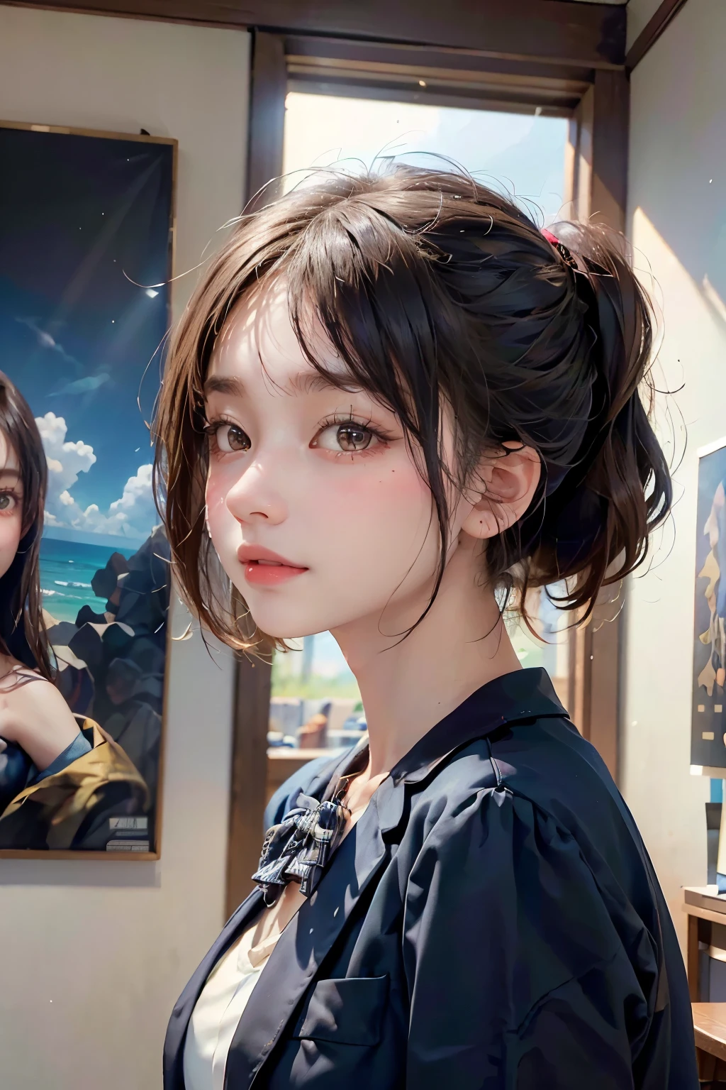 one girl，(1人のとてもcute:1.3)，masterpiece，best quality，high resolution，from below，low angle，realistic，RAW photos，ray tracing，Physically Based Rendering，Beautiful girl，(15 years old:1.3)，cute，big eyes，(detailed student:1.2)，(face is facing forward:1.3)，body facing forward，beautiful nose，upturned nose，plumper lips，black short hair，ponytail，Short hair，Detailed eyelashes，thin eyebrows，Very fine particle definition，(symmetrical eyes，golden ratio:1.3)，(face focus:1.0)，，short neck，navy blue blazer，red plaid pleated skirt，，coastal，blue sky，white clouds，，portrait，View viewer，upper body，Cinema Lighting，high resolution，very detailed