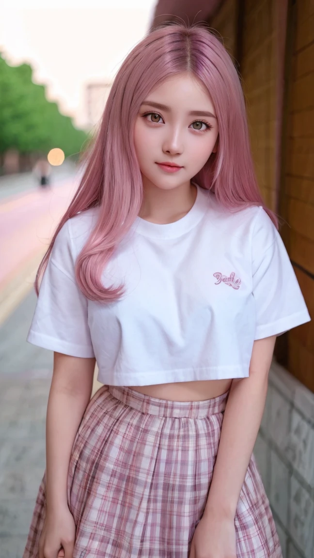 1 Girl, Beautiful, Baby Face, 20 Years Old, White Skin, Huge Chests, Pose, Pink Perfect School Uniform, Grey Eye, Outdoor, Bokeh:1.1, Drill Hair, Tied Hair, ((Pink Gradient Coloured Hair))