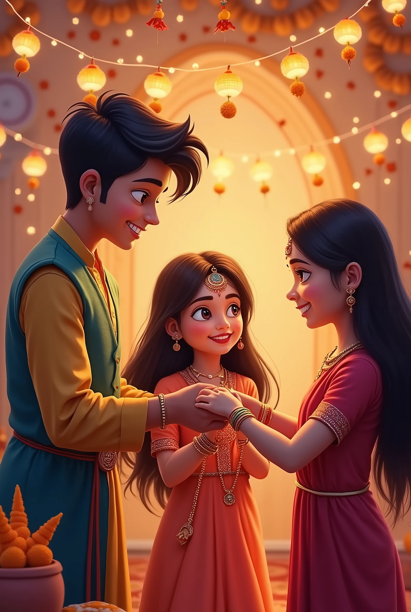 Create a image of rakshabandhan brother name Aditya and sister name kashish and 2nd sister name Parul
