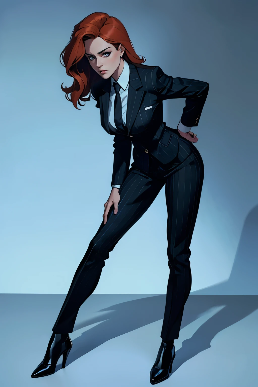 FBI agent Dana Scully from "The X-Files." 90's, black pinstripe suit. Standing with her legs straight out