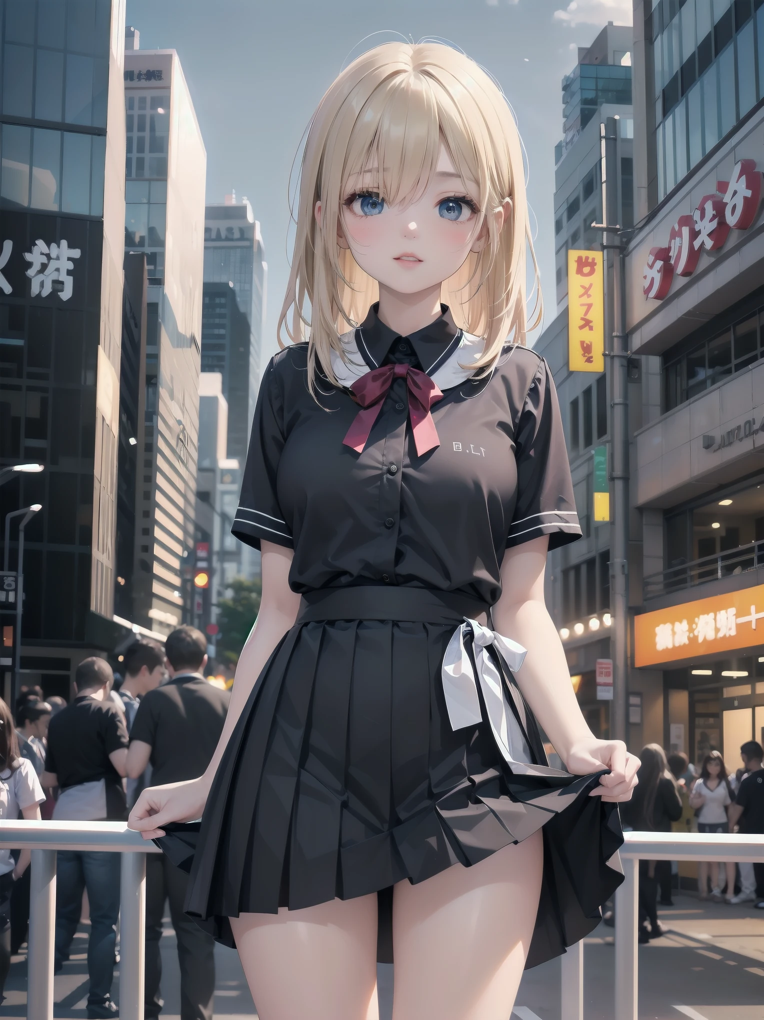 Highly detailed CG Unity 8k wallpaper, best quality, highly detailed, masterpiece, Highly detailed cute girl, 18 years old, (((lifting skirt by herself))), (lifting by herself), dynamic angles, sexy pose, blush, lips apart, looking at the audience , half body shot, (crowd), (crowded big city)), hair over one eye, immaculate beauty, upscale, less revealing clothing