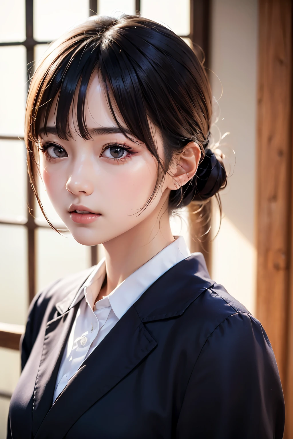 (1 nogizaka girl,Teens,RAW photos,photo realistic:1.5),(best quality, high quality,HDR, best quality,ultra high resolutionolution,high resolutionolution,high resolution,ultra high definition,huge file size,8k,2k wallpaper,8k 배경화면,high quality texture,amazing,Extremely delicate:1.4),one girl, Japanese famous idol,beautiful face,small face,absurd,does not make sense,incredibly does not make sense,portrait,bust close-up,blurred background,(,natural makeup:1.3),medium skin,beautiful skin,small head,black hair,soft hair,(Japanese Eyes:1.3),black eye,Japanese idol's eyes,Japanese girl,(Eyebrow:-0.5),(light particles, lens flare, glowing particles: 0.7),looking at viewer,bright lights,professional lighting,girl