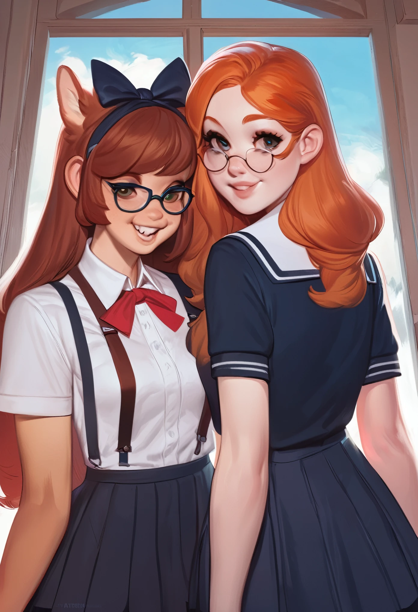 a close up of a femboy with long ginger hair and a slutty schoolgirl uniform with dentalbraces and glasses, artgerm and atey ghailan, beautiful digital artwork, adorable digital painting, cute detailed digital art, beautiful character painting, beautiful digital illustration, style artgerm, artgerm and lois van baarle, in the style of ross tran, inspired by Ross Tran, stylized anime