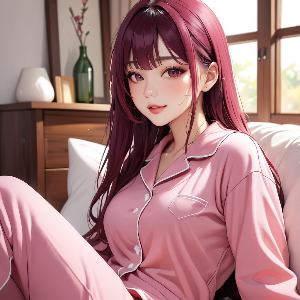 1 girl, (masterpiece,highest quality,超A high resolution), (((Very beautiful 25 year old girl))), look at the photographer､  ((beautiful long hair)), super cute face, glossy lips, double eyelids in both eyes,natural smile、 natural makeup, long eyelashes, Shiny and smooth dark burgundy hair､perfect limbs, perfect anatomy,(((comfy pajamas)))、,(wet with sweat),,turn around and look back,See-through