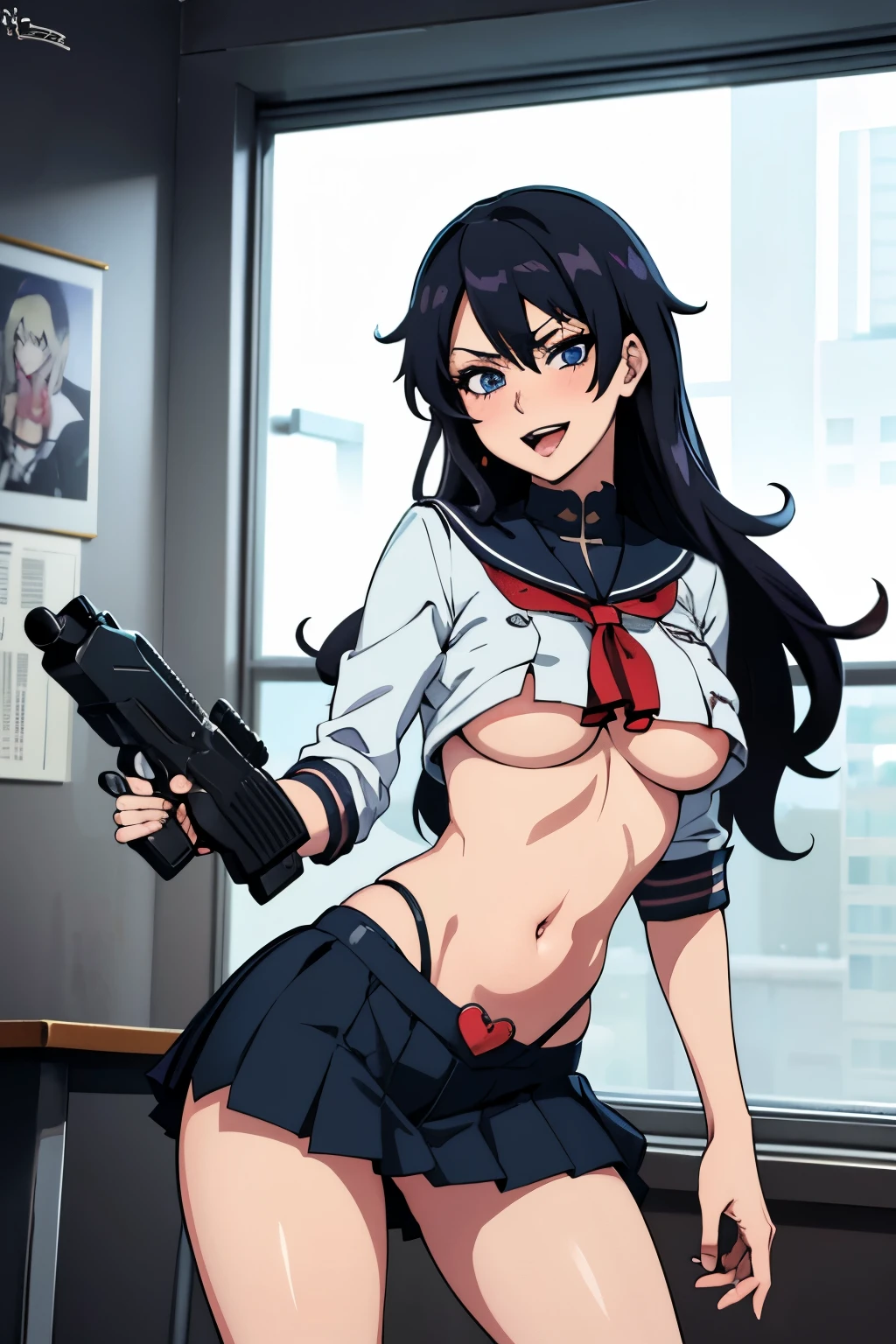 1girl, black hair, blue eyes, large breast, Hot girl, baddie, bad attitude, mean girl, smoking, sensual, attractive, blush, lipstick, masterpiece, best quality, highly detailed, a anime girls in sailor uniforms with a gun posing for a picture,
evil smile, smile, open mouth,black_serafuku, ecchi anime style, anime girls , (nsfw) not safe for work,
ecchi style, ecchi, shipgirls, digital anime art!!, high school girls, holding a gun, hold a gun, anime style 4
k, micro skirt, exposed belly, exposed navel, exposed midriff, holding pistol,underboob,
exposed lower belly,school, classroom