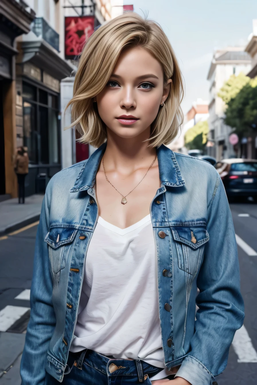Super Resolution、Beautiful Caucasian Woman、、Blonde、Short Haircut、Wavy Hair、、blue eyes、、ear piercing、necklace、Denim jacket、shirt、Open your mouth a little、The background is the street, Task progress 70%%