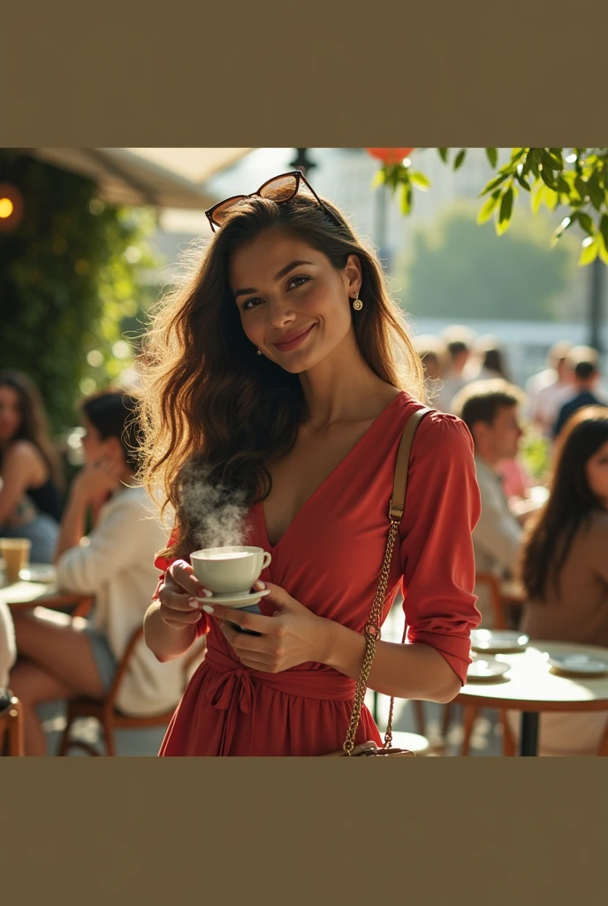 Je porte une robe rouge élégante , et des accessoires tendance comme un sac à main en cuir et des lunettes de soleil. Elle se tient en terrasse d'un café parisien. Son expression est confiante, avec un sourire subtil, tandis qu'elle tient une tasse de café dans une main et son smartphone dans l'autre main. Quelques clients sont visibles en arrière plan.