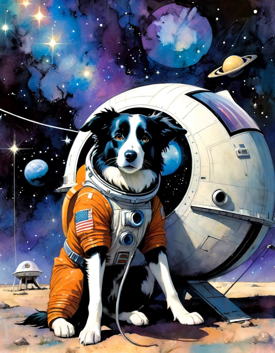photo of an explorer with a boston terrier puppy as a pet inside the space with a psychedelic backgroun, style of laurie greasley, studio ghibli, akira toriyama, james gilleard, genshin impact, trending pixiv fanbox, acrylic palette knife, 4k, vibrant colors, devinart, trending on artstation, low details
