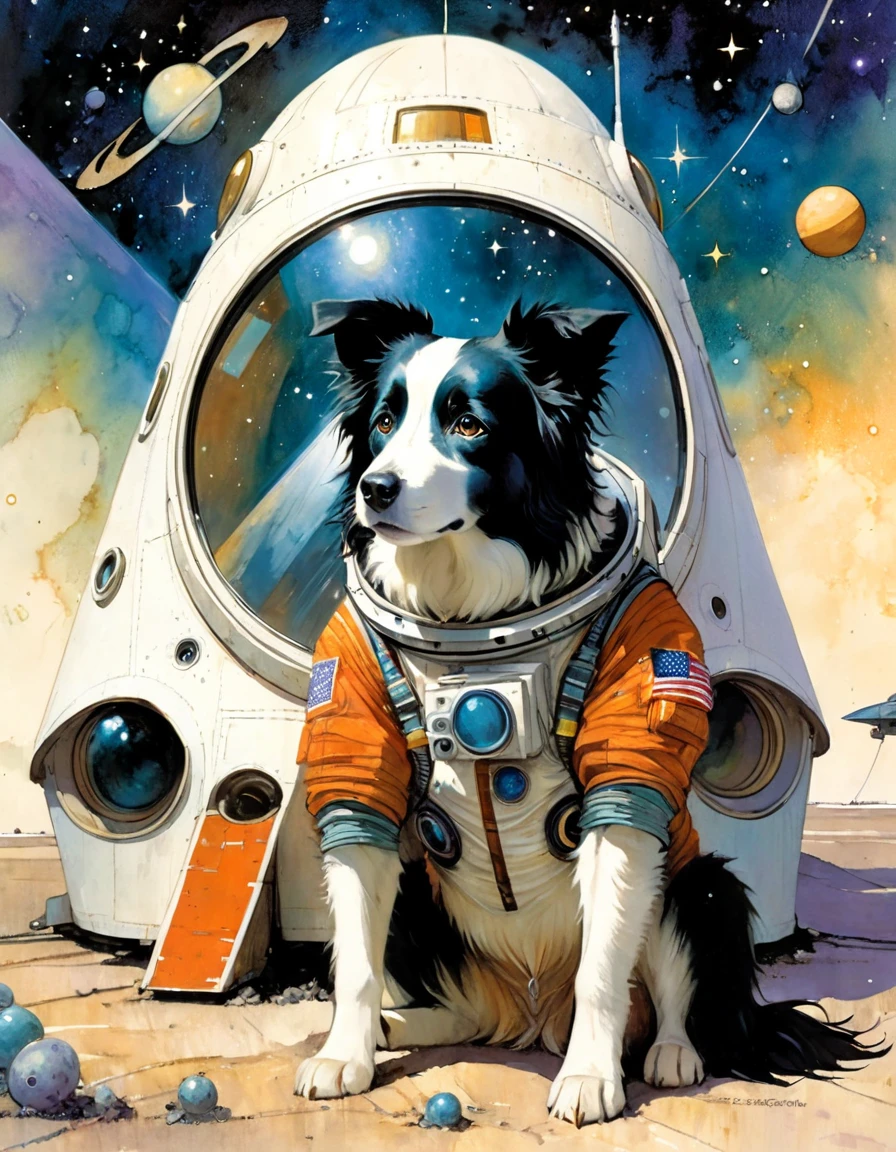 border collie dog, astronaut, on the ground sitting in front of his spaceship, stars, magic, art inspired by Bill Sienkiewicz and Dave McKean
