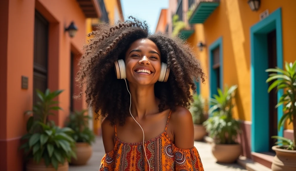 High dynamic range HDR photography of a 18-year-old light skin Persian woman with smooth, golden-brown skin and dark, curly hair, she has a headphone on her head and is enjoying the music. her bright brown eyes sparkling with warmth, her full lips curled into a gentle smile, wearing a vibrant, flowy sundress with intricate patterns and colors that reflect her cultural heritage, set against a bustling, sun-kissed backdrop of a lively Latin American market, with hints of warm terracotta and cool turquoise in the architecture, and lush greenery spilling from ornate planters, the camera capturing the scene with remarkable depth and detail, from the wisps of hair framing her face to the delicate textures of the stucco walls, the overall mood evoking a sense of joy, vitality, and cultural pride.