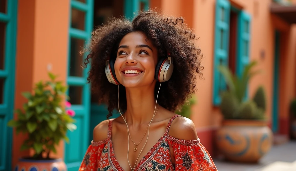 High dynamic range HDR photography of a 18-year-old light skin Persian woman with smooth, golden-brown skin and dark, curly hair, she has a headphone on her head and is enjoying the music. her bright brown eyes sparkling with warmth, her full lips curled into a gentle smile, wearing a vibrant, flowy sundress with intricate patterns and colors that reflect her cultural heritage, set against a bustling, sun-kissed backdrop of a lively Latin American market, with hints of warm terracotta and cool turquoise in the architecture, and lush greenery spilling from ornate planters, the camera capturing the scene with remarkable depth and detail, from the wisps of hair framing her face to the delicate textures of the stucco walls, the overall mood evoking a sense of joy, vitality, and cultural pride.