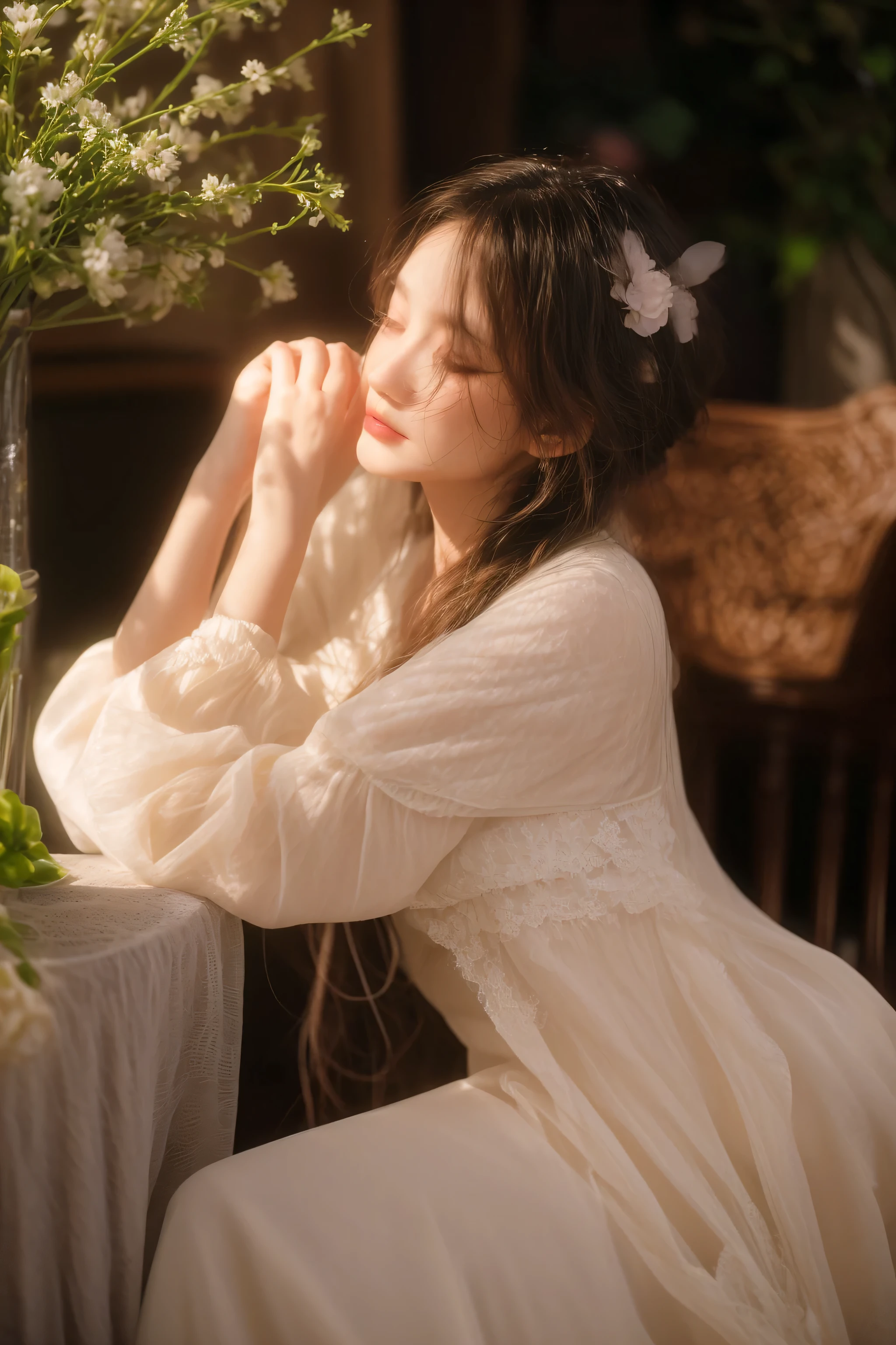 there is a woman sitting at a table with a vase of flowers, dreamy and ethereal, ethereal and dreamy, ethereal beauty, ethereal fairytale, very ethereal, soft ethereal lighting, ethereal!!!!!!!, a stunning young ethereal figure, delicate soft hazy lighting, romanticism portrait, incredibly ethereal, inspired by Pierre Auguste Cot, with ethereal light, dreamy hazy, ethereal!!!