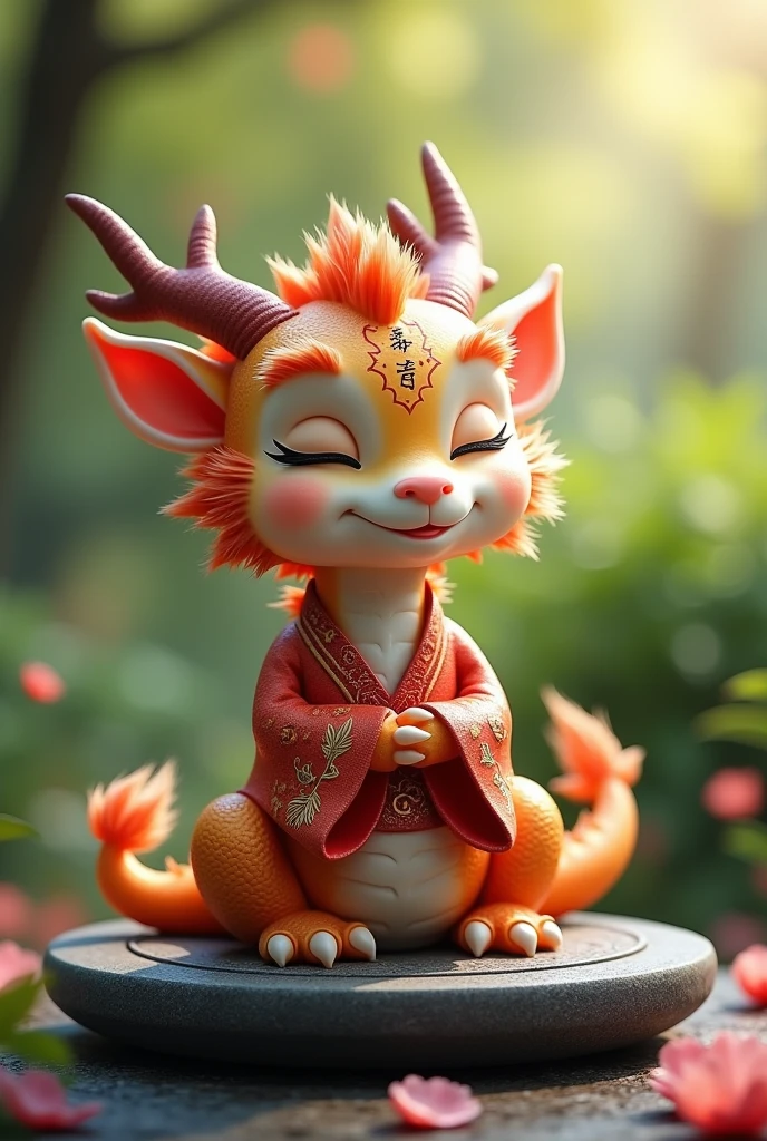 A cute dragon with closed eyes, thick eyebrows, thick hair, wearing a Taoist robe, sitting cross-legged on a Bagua stone plate to meditate