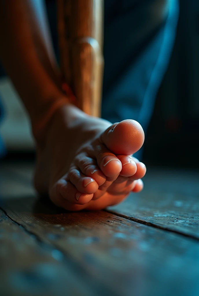 a person's toes accidentally hitting the corner of a wooden table legs , hyperrealistic, detailed close-up, dramatic lighting, cinematic angle, high contrast, moody atmosphere, detailed skin texture, detailed toes, detailed wood grain, detailed shadows, blue and orange color palette, dramatic mood, photorealistic, 8k, highly detailed
