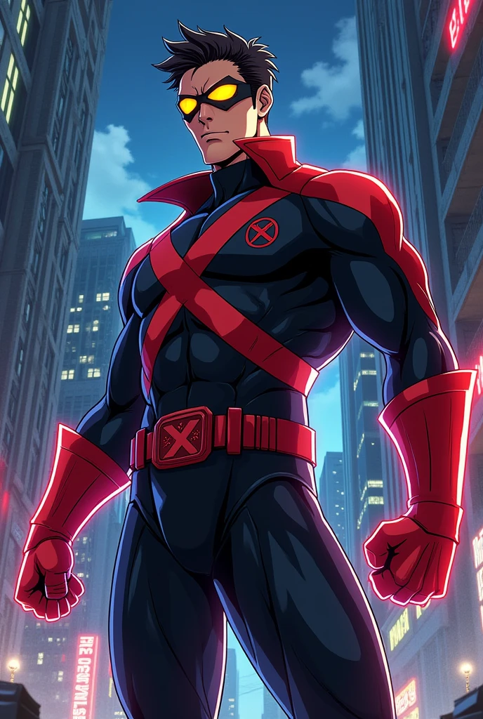 X-men evolution Scott Summers, muscular physique, Black and red X-Men leader anime uniform version 
