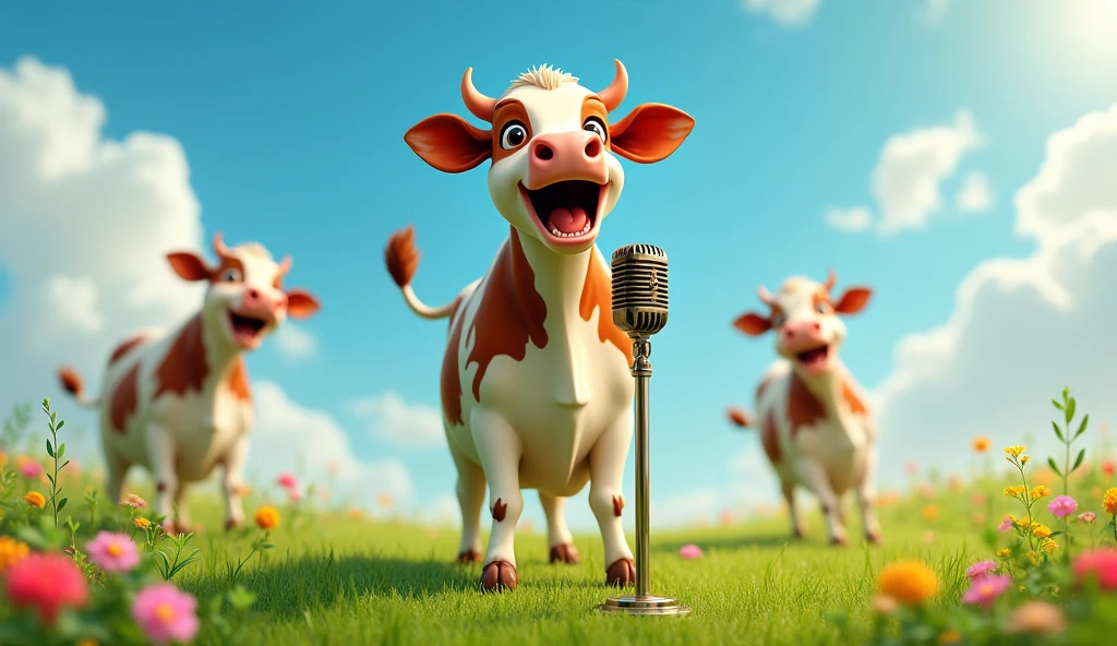 One cow is singing into the mic and the other 2 cows are dancing in the green field behind