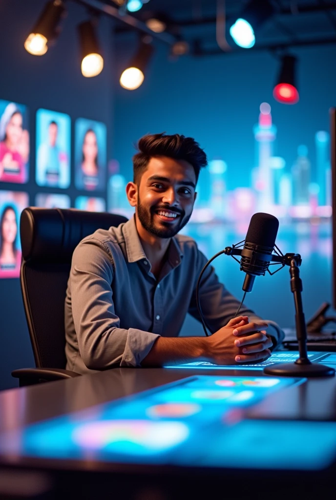 man sitting in a chair and both his hands on the table, and avatars for and a table placed in front of it and the background also being good, taking avatar and front mice , front speak , indian , information, young men front mic , mic
Sitting in front . Speak in front
