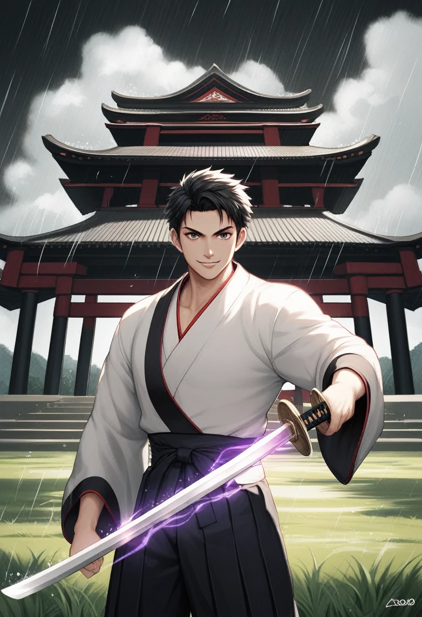 une, Japanese samurai, 55yo, upper body, dynamic, fighting stance, holding katana sword, grass field, rain, Temple, Japanese Temple, thunder, black cloud, black theme, dark theme background, 
BREAK,
Close-up of face, fighting scene, looking the viewer, (Duel scene:1.5), (Holding a sword:1.5), (trying to keep up the pace:1.5), (Just before being attacked:1.5), dynamic angle, movie scene, 
BREAK,
wearing a black japanese clothes, black dogi, black hakama, detailed clothes,A boy who is 10 years old controlling plasma magic energy and radiating a mystical aura. His hair is white and his eyes are like purple ruby. He is smiling. In the background there is a crack in space from where energy is overflowing. Wearing clothes of nobles.