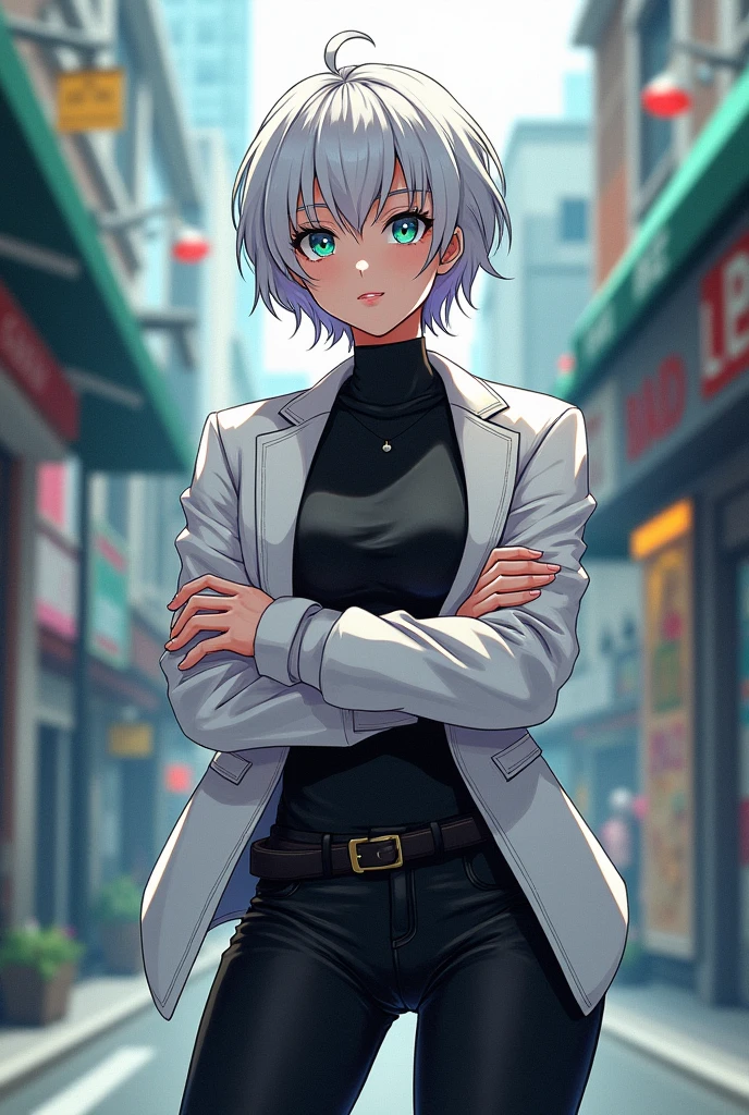 anime style, young adult woman, with the right eye blue and the left eye green, short white hair.
The figure is in a standing posture, with arms crossed over the chest. The body proportions are exaggerated, especially in the hips(narrow) and the thighs(wide).
She is wearing black pants and white boots, a black turtleneck blouse and a white jacket
