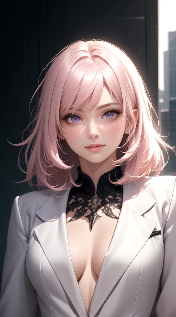 (masterpiece, best quality), intricate details, thin, ((slim)), beautiful girl, Light pink hair, white skin, light purple eyes, sharp jawline, cropped jacket, messy hair, lips, upper body, close up, smirk