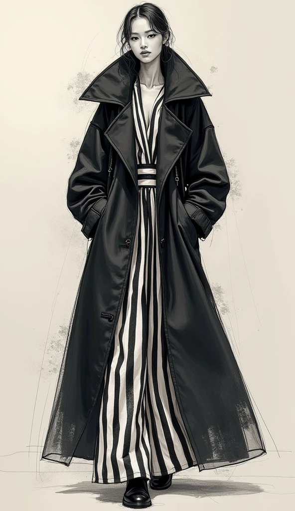 Fashion sketch, Paris Collection vibe, traces of Gucci Winter 2025 influence, oversized jackets, floor-length dresses, large collars, stripes, monotone, rough style, line-drawing aesthetics, Akemi's signature, dramatic lighting, ultra fine.